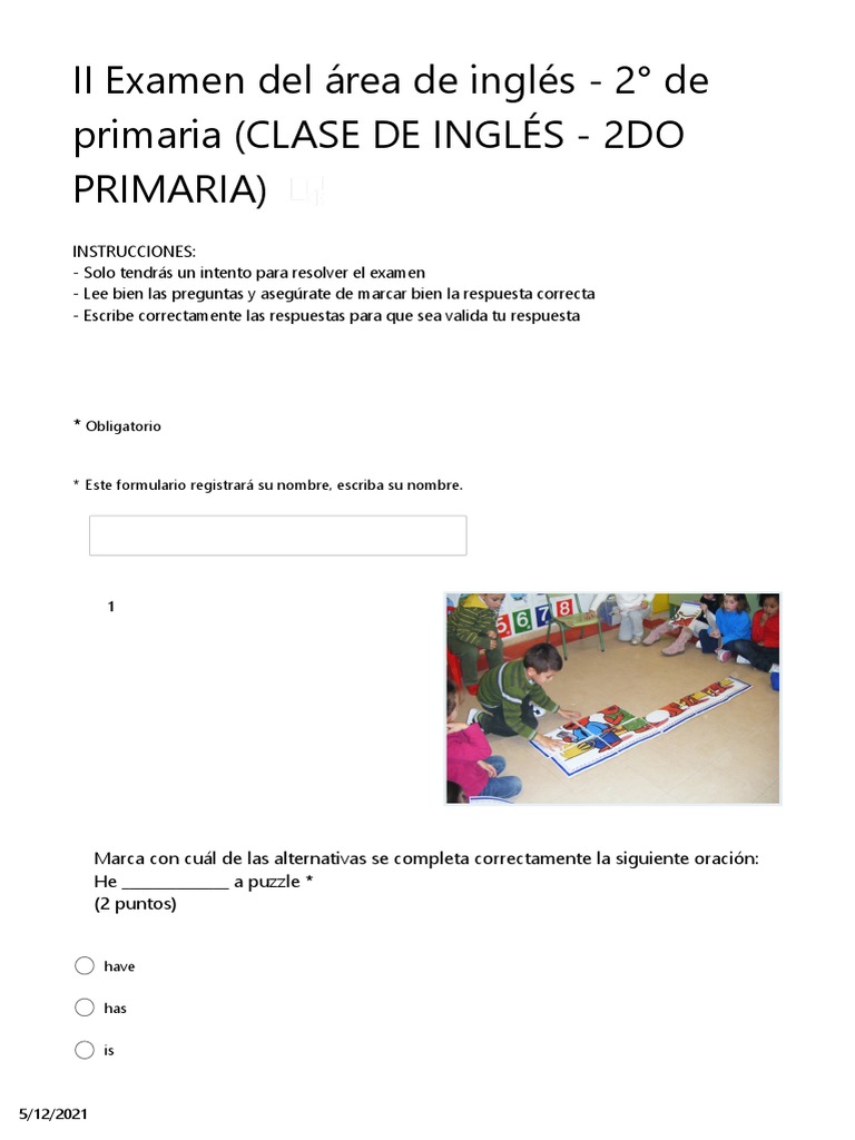 Examen de Inglés para 2° de Primaria | PDF