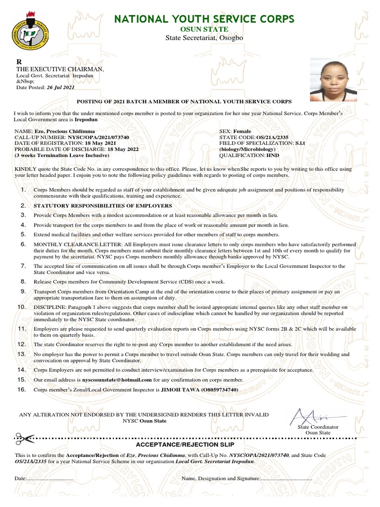 NYSC Guidelines for Osun Employers | PDF | Justice | Crime & Violence