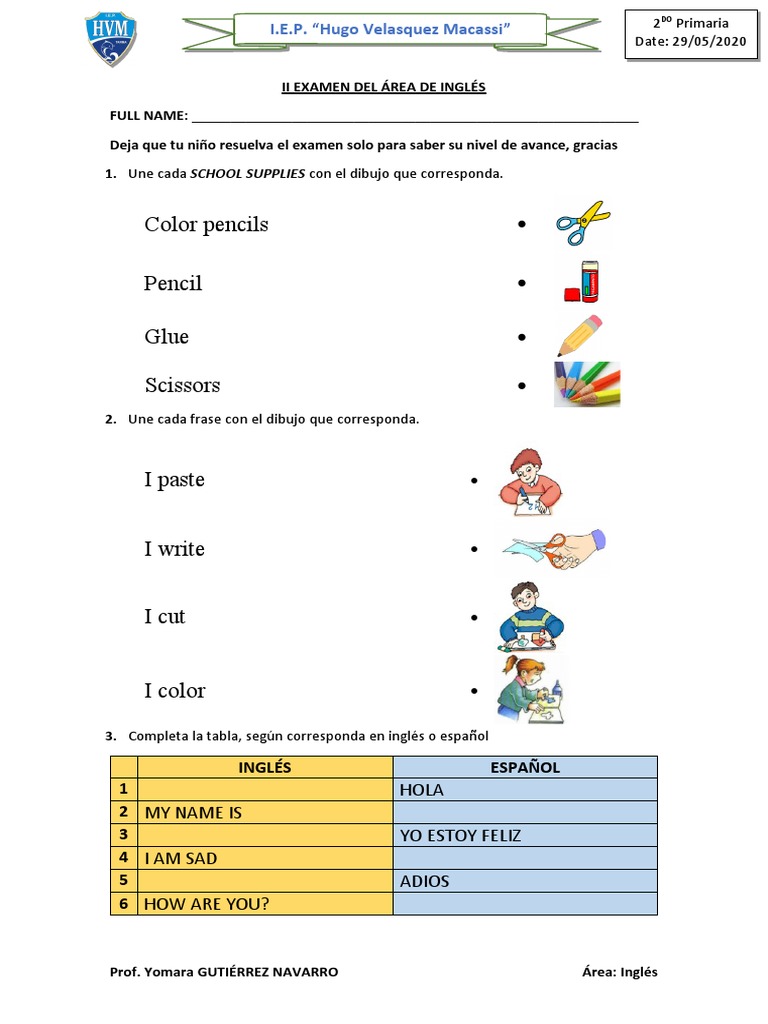 Examen de Inglés para Primer Grado | PDF