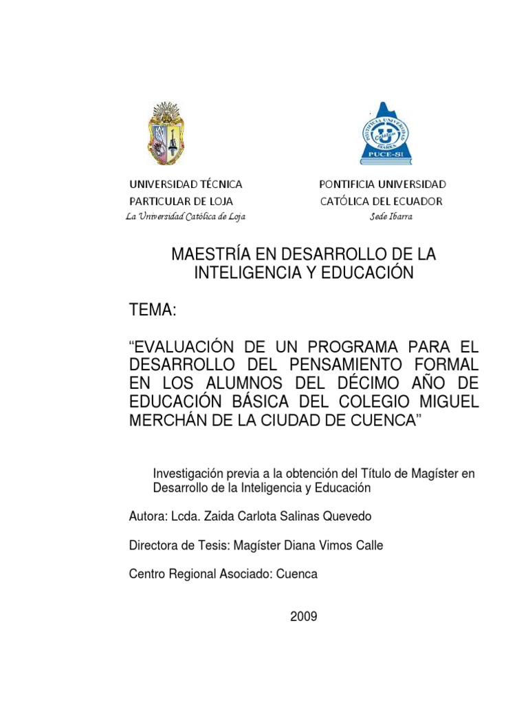 Programa de Desarrollo de Pensamiento Formal en Alumnos de Decimo Año de  Educacion Basica Del Colegio Miguel Merchan Cuenca | PDF | Sicología |  Aprendizaje