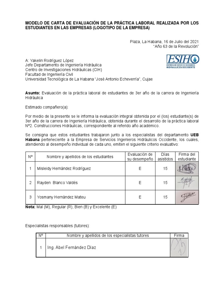 Modelo Carta Evaluación Estudiantes PL-2 (3er Año) | PDF