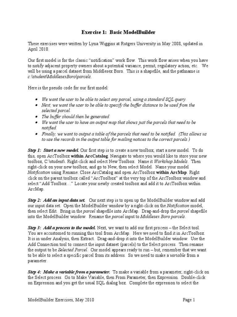 Exercise 1 Basic Modelbuilder C/Student/Middlesexboro/Parcels PDF