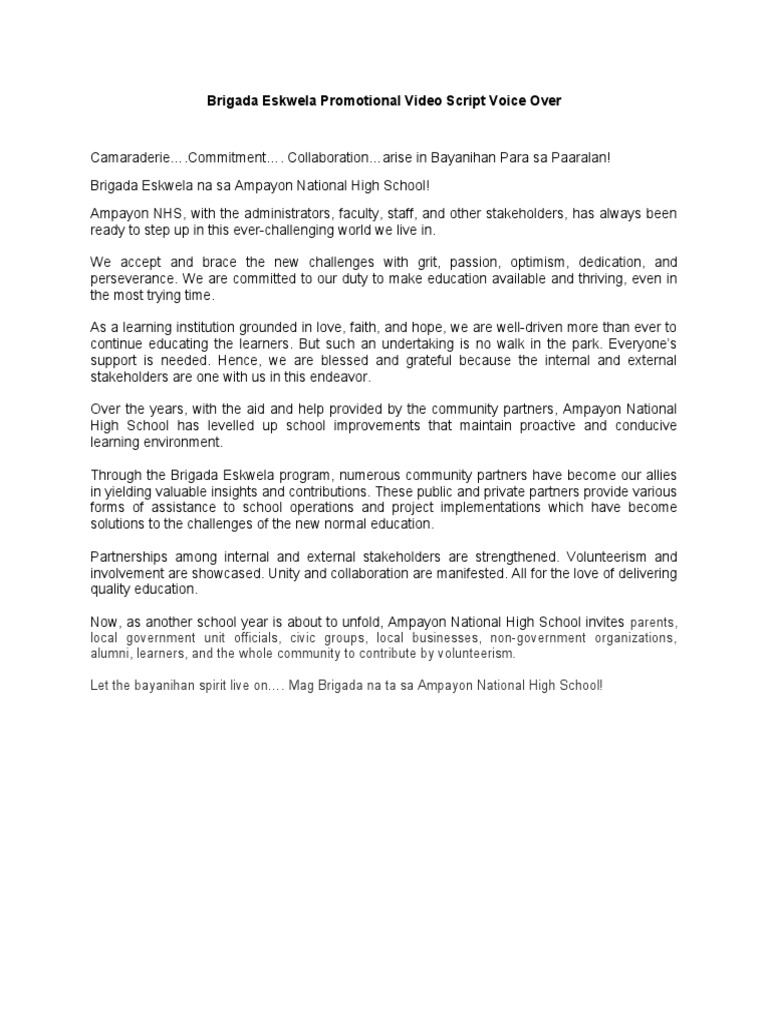 Brigada Eskwela Promotional Video Vo Script Pdf
