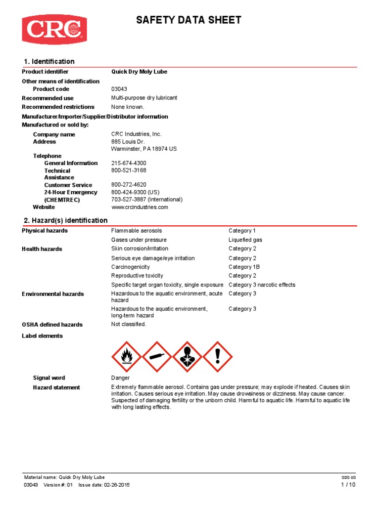 CRC Dry Moly Lube PDF Firefighting Dangerous Goods