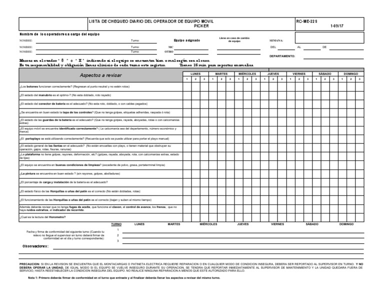 Lista de Chequeo para Operadores de Picker | PDF