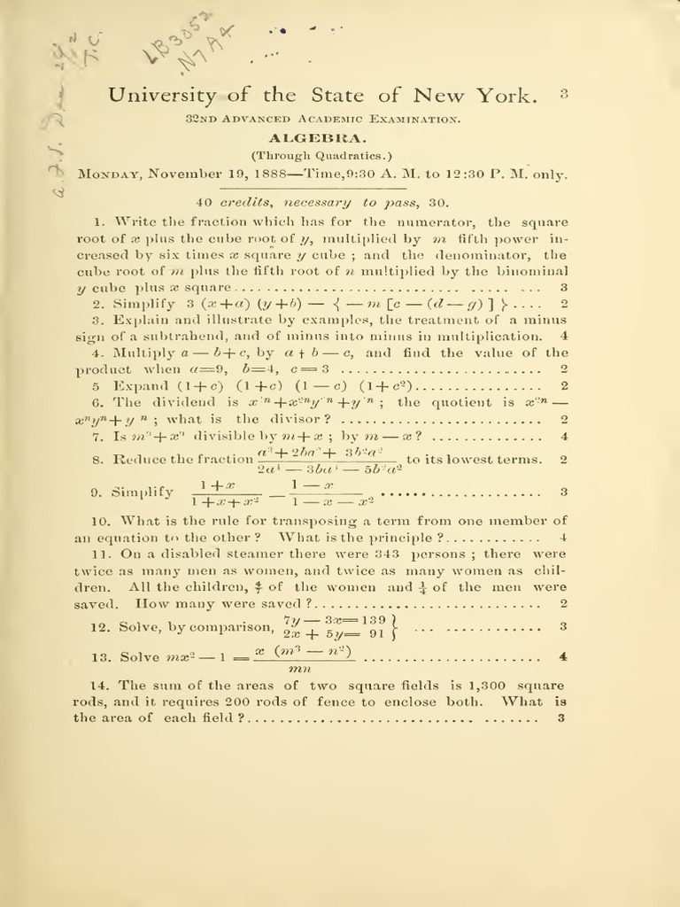 1888 Algebra Exam: Quadratics | PDF | Division (Mathematics ...