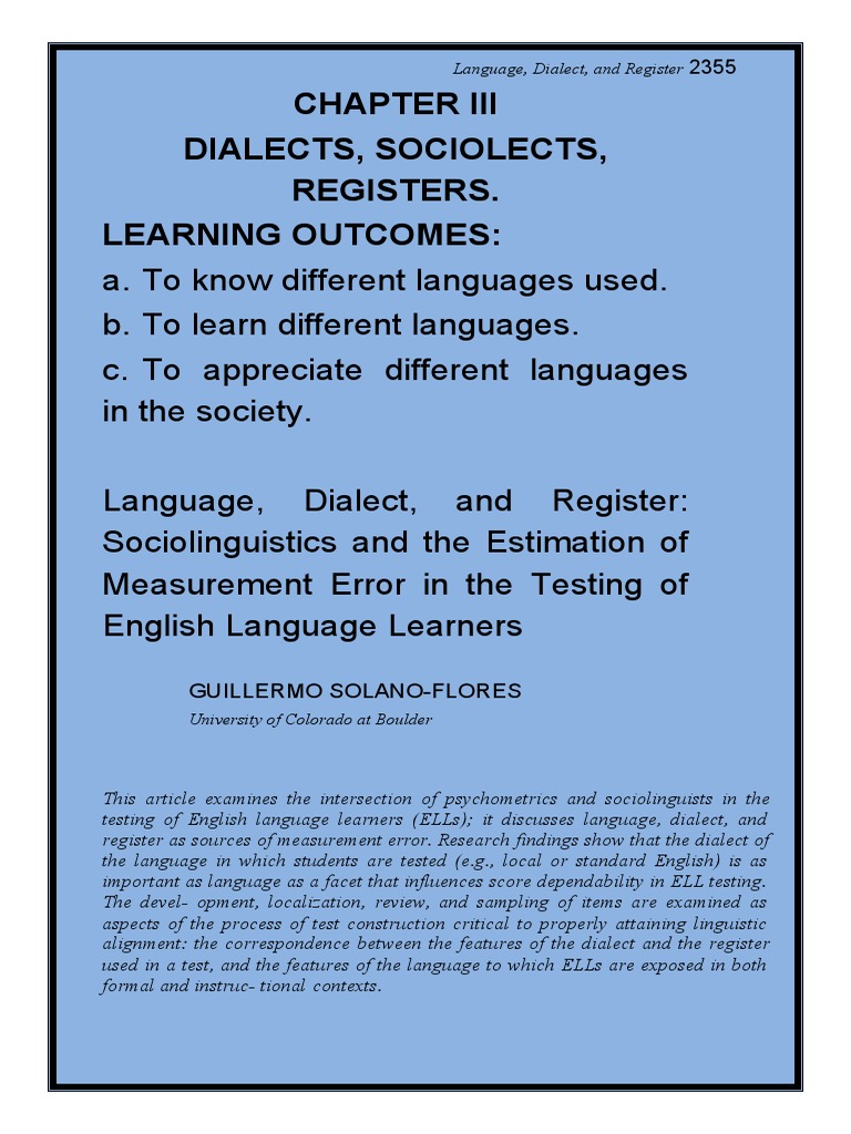 Dialects, Sociolects, Registers. Learning Outcomes:: Language, Dialect, and  Register | PDF | Dialect | Linguistics