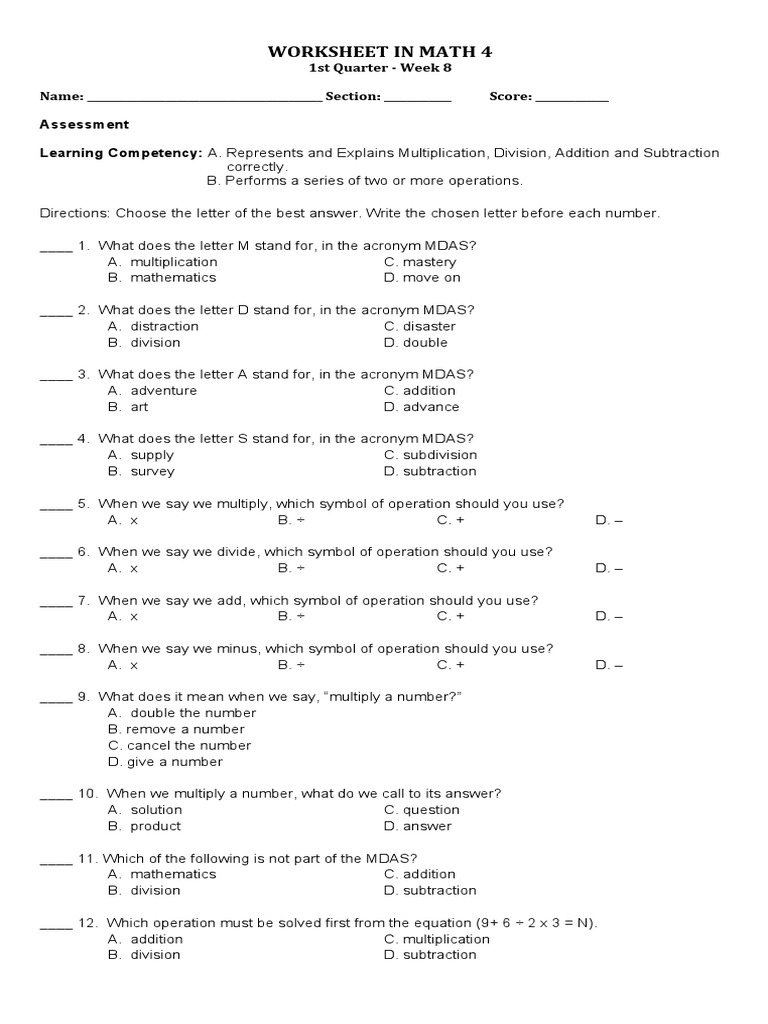 Math 4 Worksheet: MDAS Operations | PDF | Multiplication | Equations