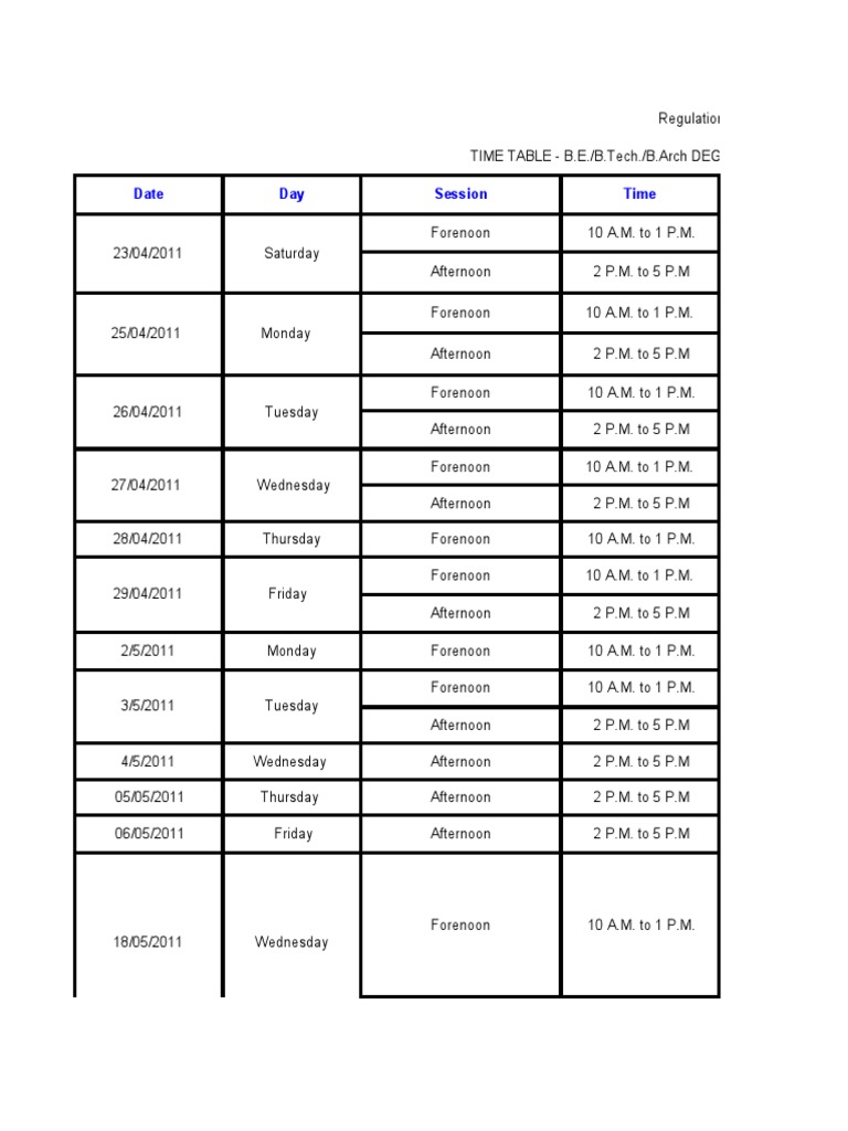 B.E./B.Tech/B.Arch Exam Timetable 2011 | PDF | Engineering | Engines