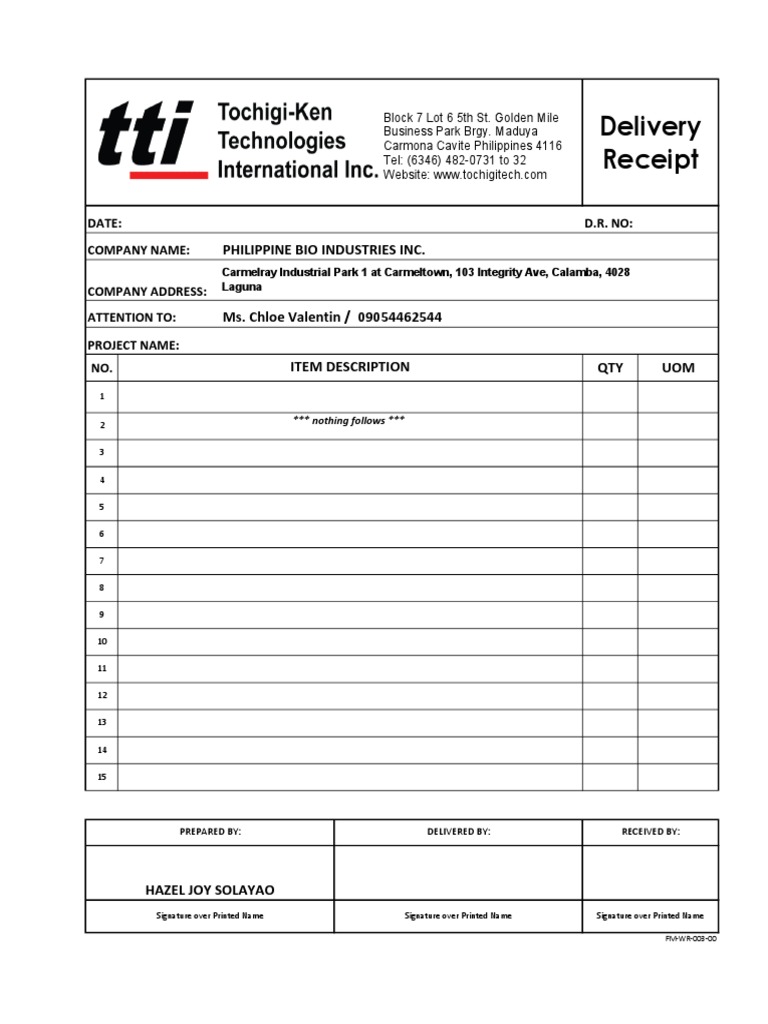 Delivery Receipt for Bio Industries | PDF