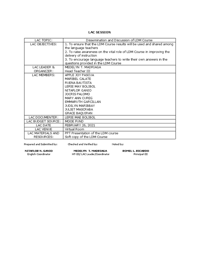 Lac Session: Prepared and Submitted By: Checked and Verified By: Noted ...