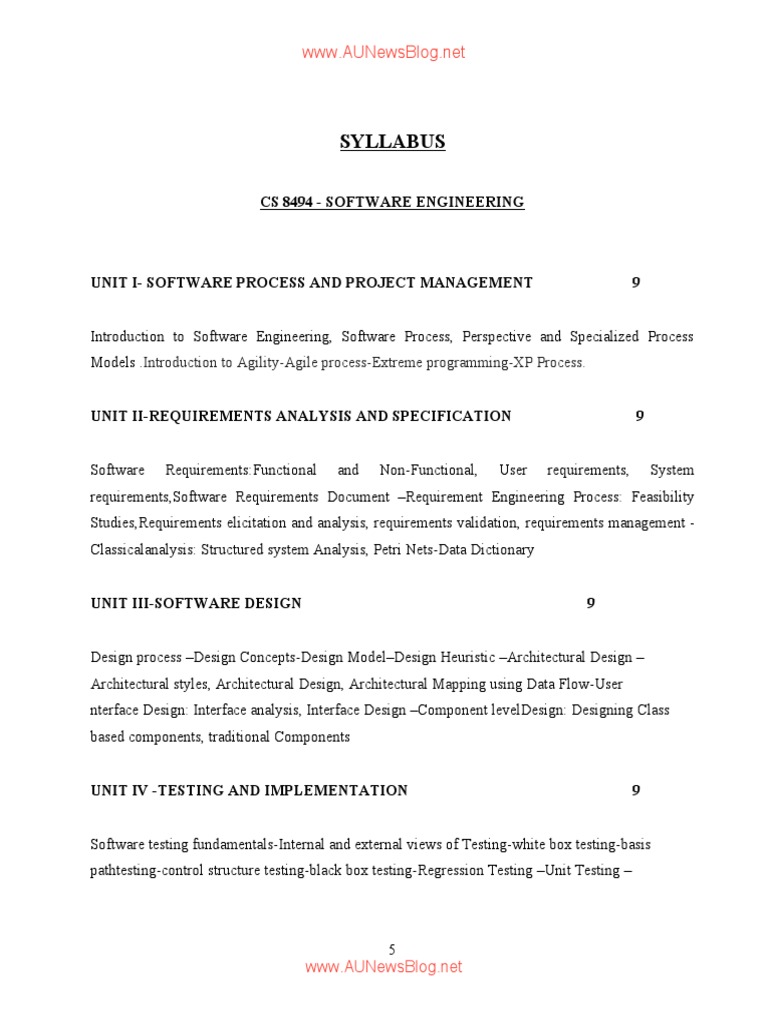 Software Engineering Syllabus for CS 8494 Course at AUNewsBlog.net ...