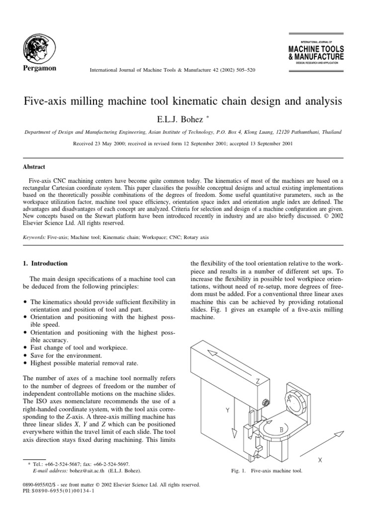 FiveAxis Milling Machine Tool Kinematic Chain Design and Analysis
