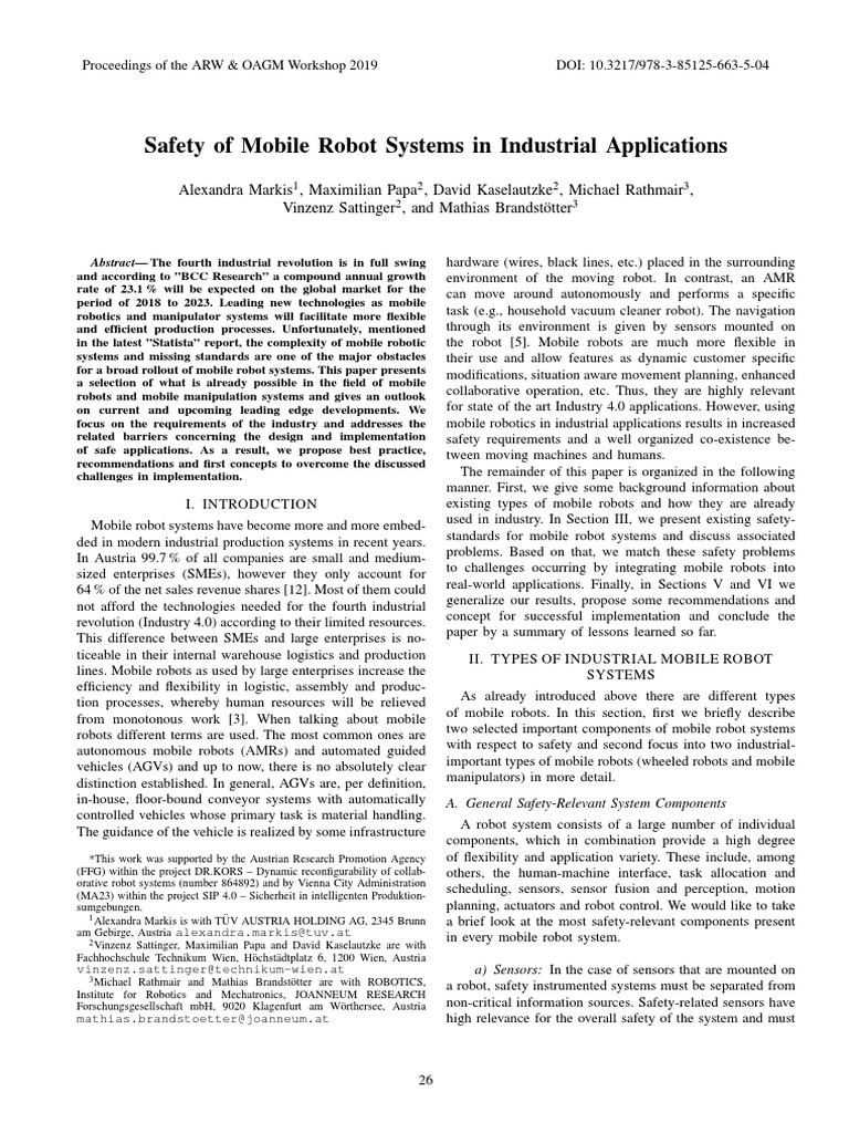 Safety of Mobile Robot Systems in Industrial Applications, ARW-OAGM19 ...