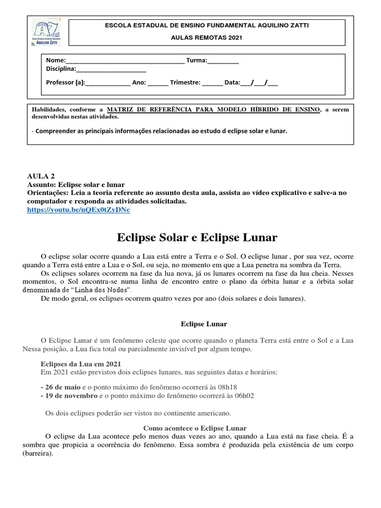 Aula 2 Eclipse Solar e Eclipse Lunar. | PDF | Eclipse | Lua