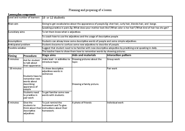 Lesson Plan for Describing Appearance | PDF
