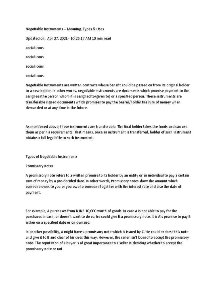 Negotiable Instruments Meaning, Types & Uses PDF Negotiable Instrument Cheque