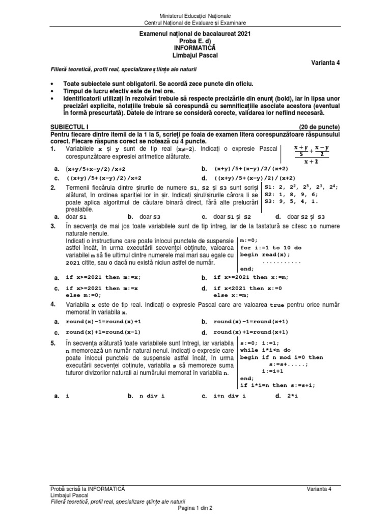 Subiecte Infomatică, Limbaj de Programare Pascal | PDF