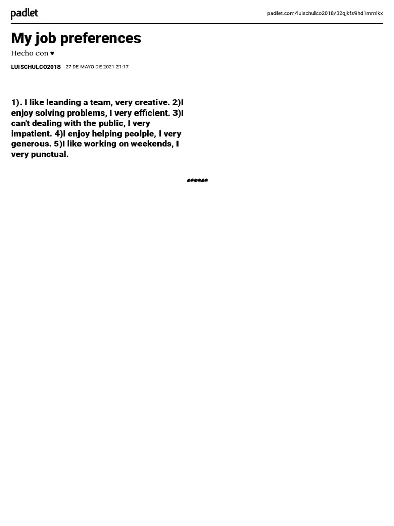 My Job Preferences: Hecho Con | PDF | Career & Growth | Social Science