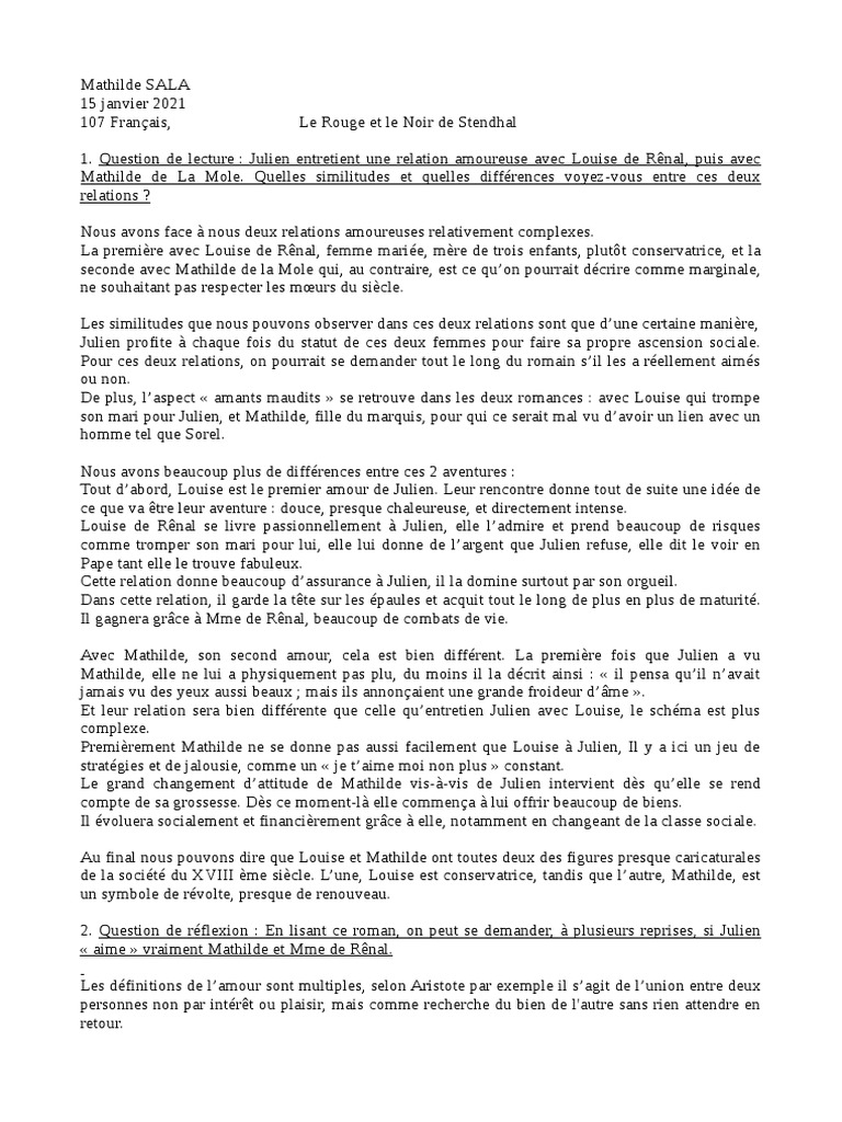 Relations amoureuses dans Le Rouge et le Noir | PDF | Le Rouge et le ...