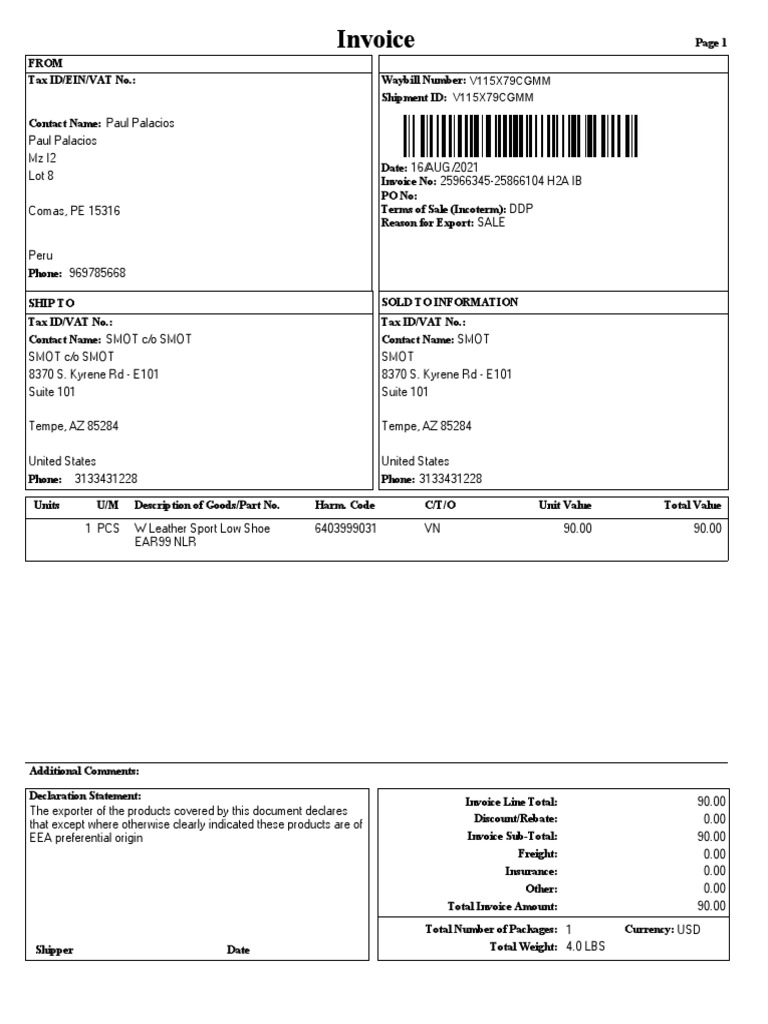 Invoice for Leather Sport Shoes Sale | PDF | Invoice | Value Added Tax