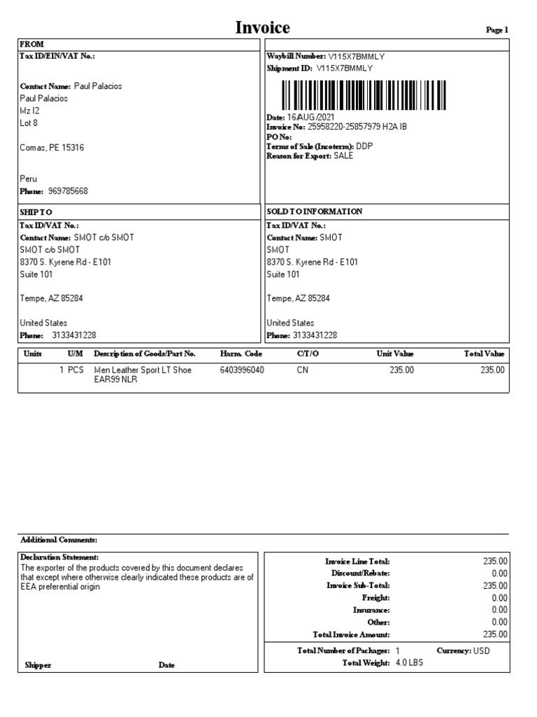 Men’s Leather Shoe Export Invoice | PDF | Invoice | Value Added Tax