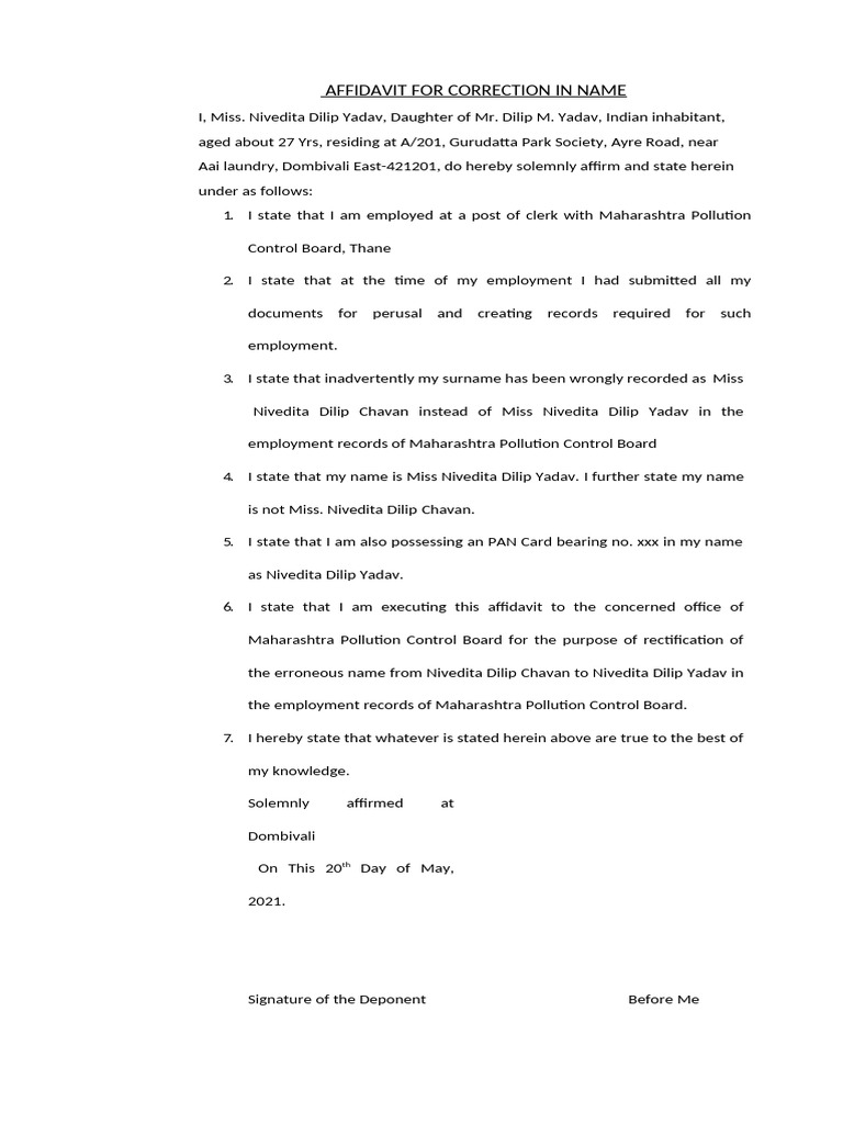 Affidavit for Name Correction of Nivedita | PDF