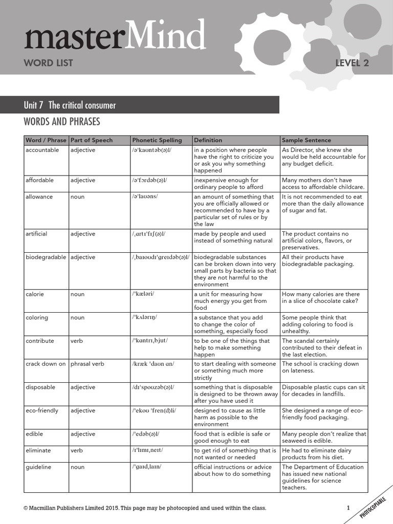 Mastermind 2 Unit 7 Wordlist | PDF | Foods | Adjective