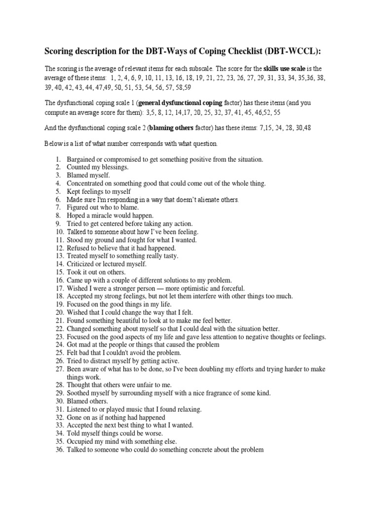 Scoring description for the dbt ways of coping checklist dbt wccl