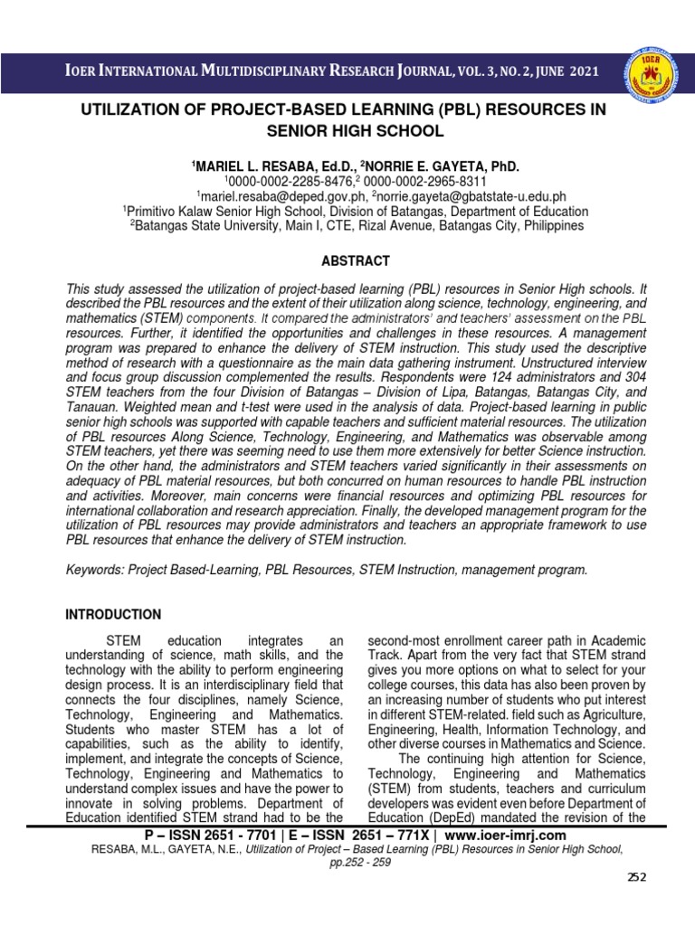 Utilization Of Project Based Learning Pbl Resources In Senior High