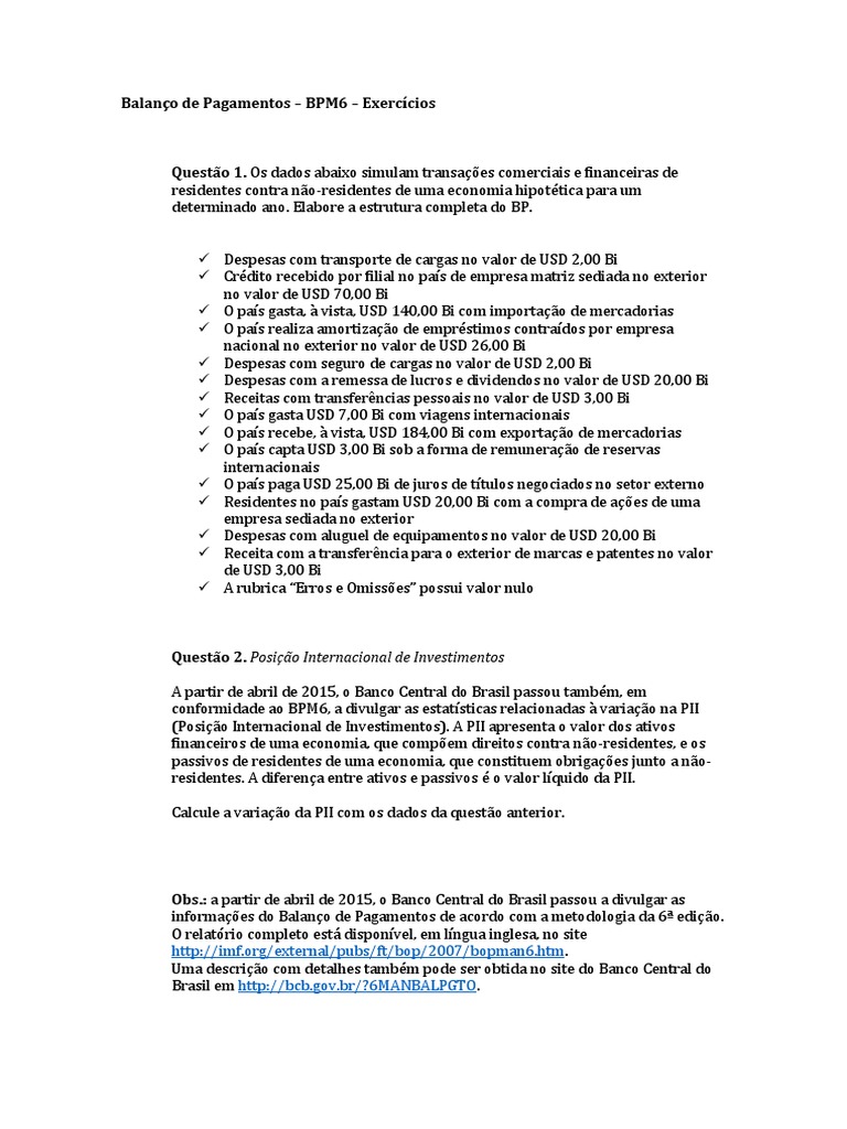 Balanço de Pagamentos - BPM6 - Exercícios I | PDF | Serviços ...