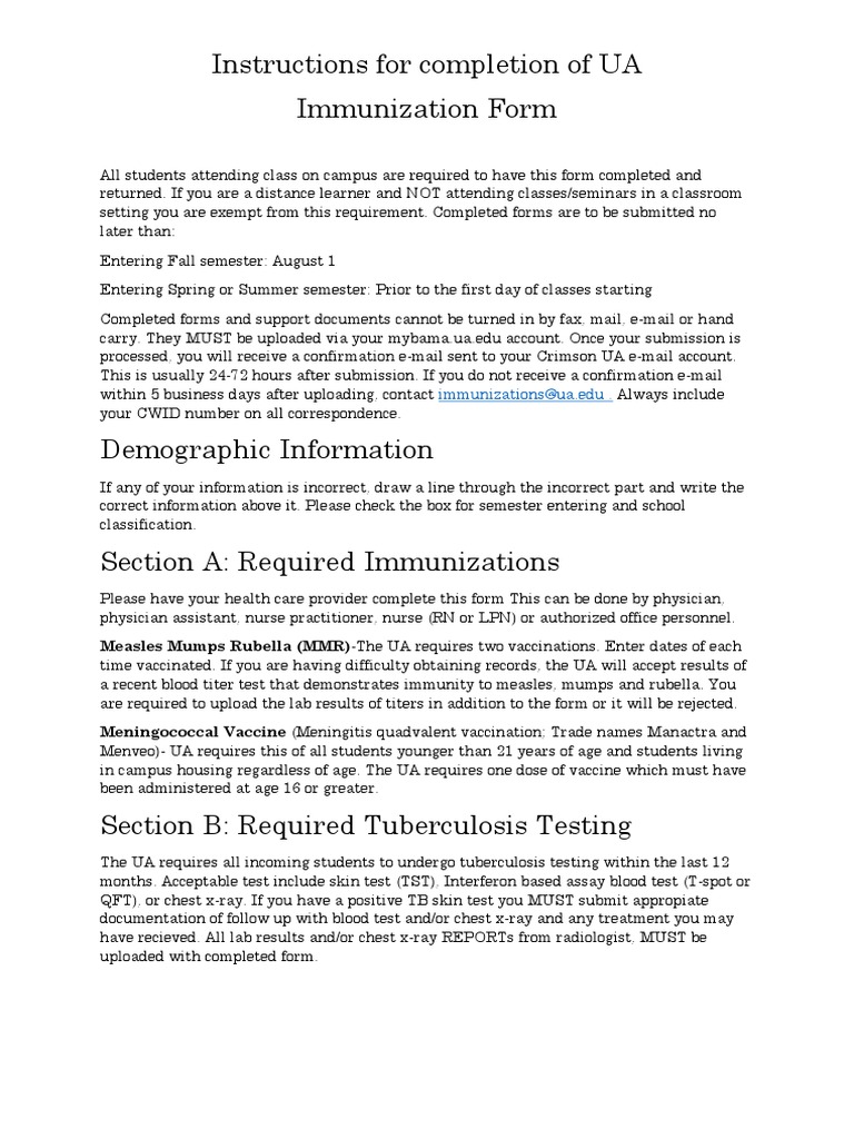 UA Immunization Form Instructions | PDF | Tuberculosis | Vaccines