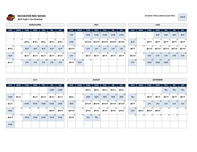 Printable Rochester Red Wings Schedule