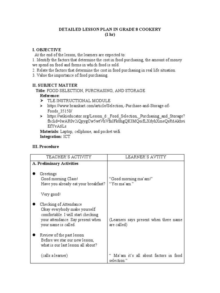 Grade 8 Cookery Lesson Plan: Food Purchasing | PDF | Foods | Prices