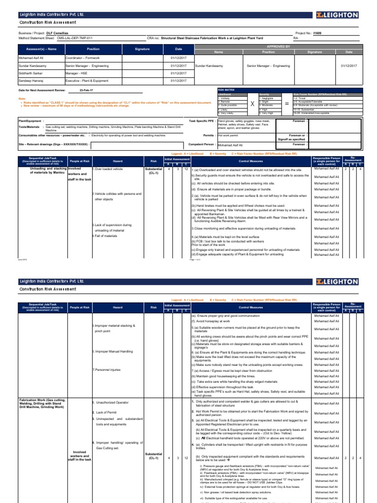 Steel Staircase Fabrication Risk Assessment | PDF | Personal Protective ...