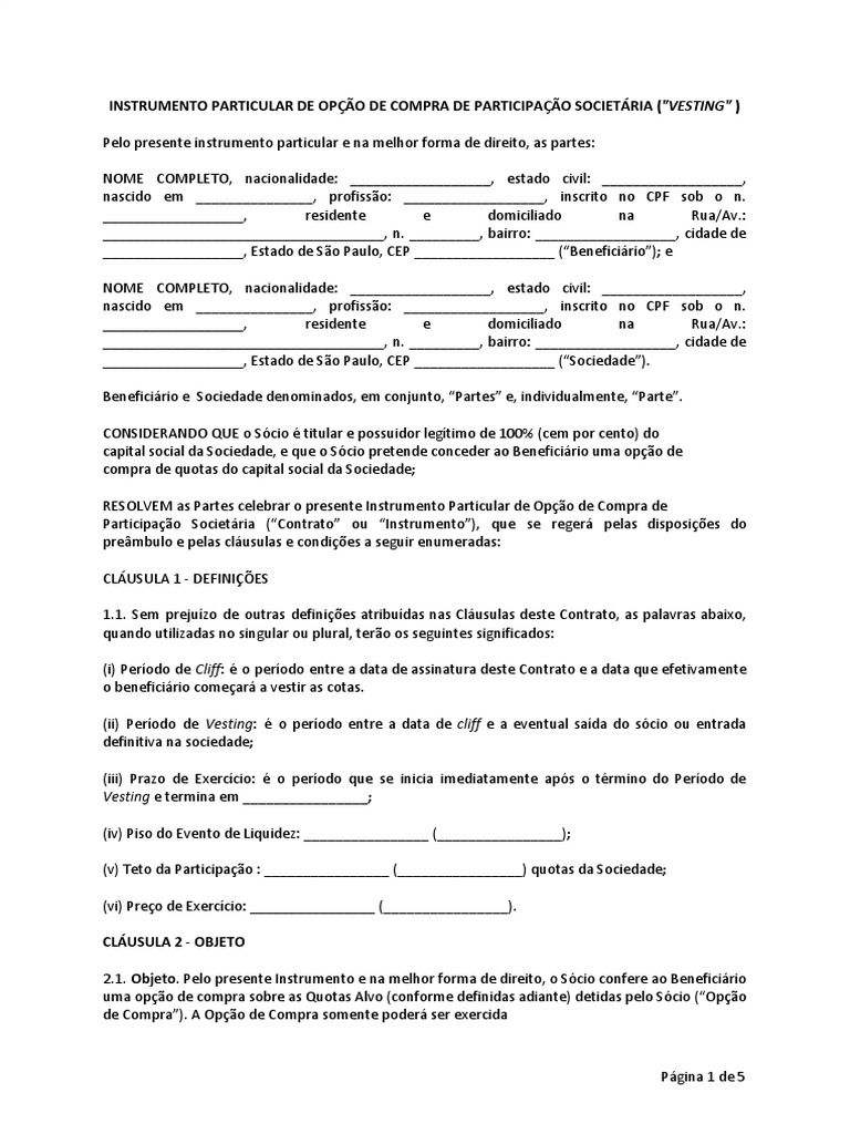 Contrato de Vesting | PDF | Opção (finanças) | Lei das Obrigações