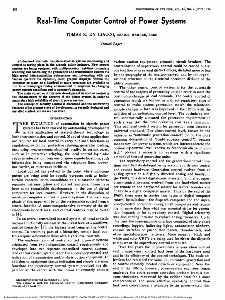 Real Time Computer Control of Power Systems Dyliacco PDF