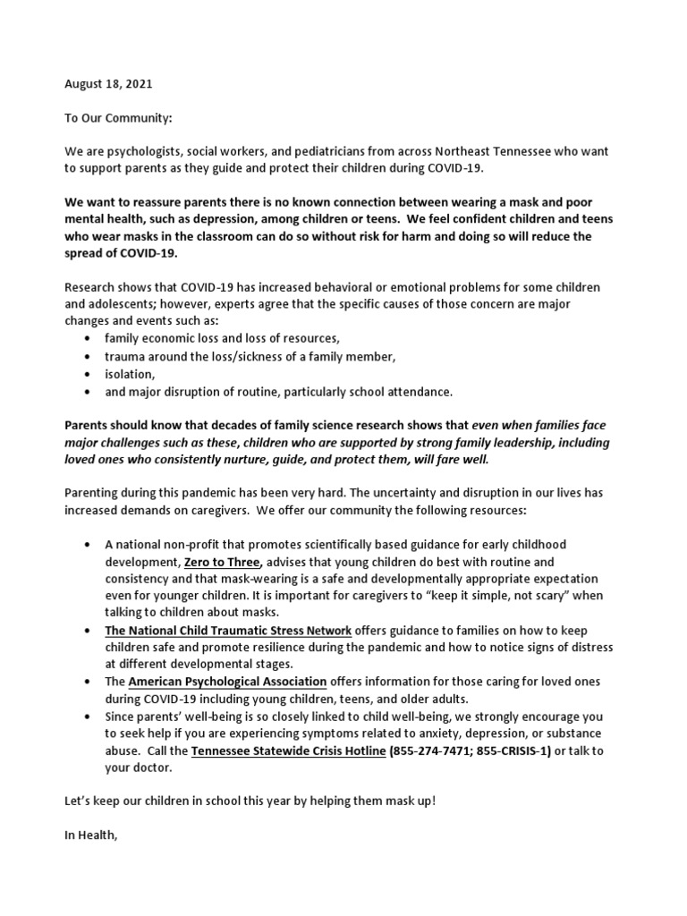COVID-19 Mask Guidance for Parents | PDF | Psychologist | Psychological ...