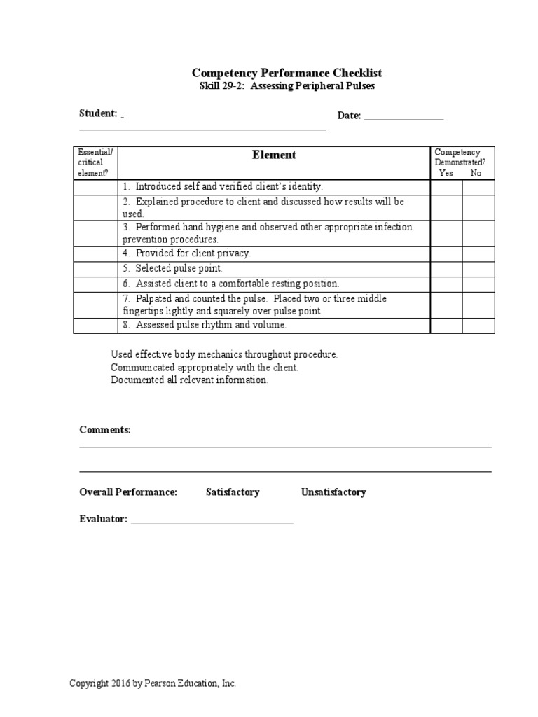Competency Performance Checklist: Skill 29-2: Assessing Peripheral ...