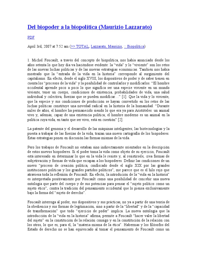 Biopoder y biopolítica en Foucault | PDF | Michel Foucault | Libertad