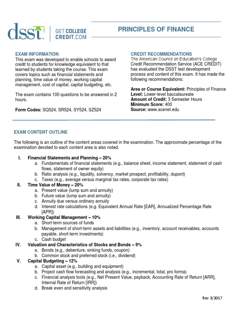 Principles of Finance: Exam Information Credit Recommendations | PDF ...