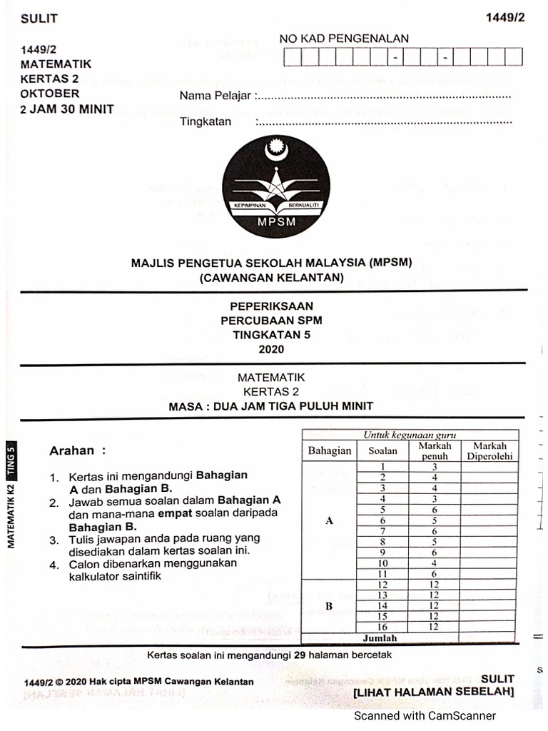 Percubaan spm 2021 matematik