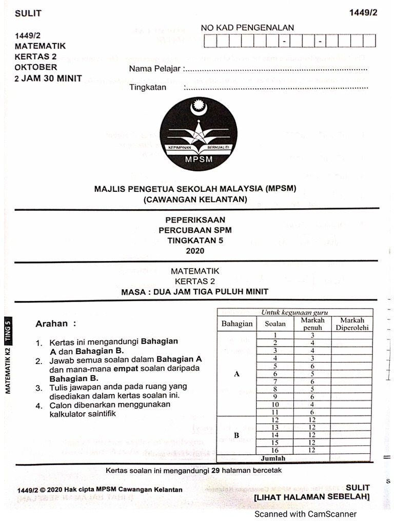 Kelantan Matematik K2 Percubaan 2020 Pdf