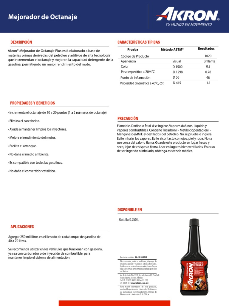 020 Akron Mejorador de Octanaje | PDF | Gasolina | Inyección de combustible