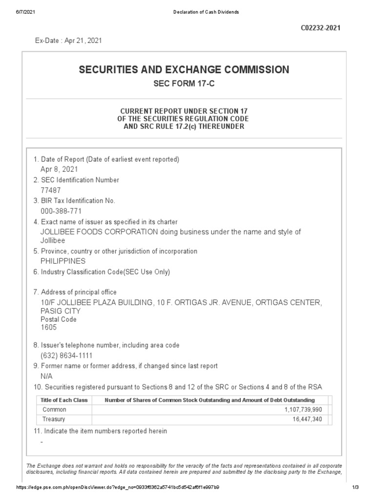 JFC Cash Dividend Declaration 2021 | PDF | Dividend | Securities (Finance)