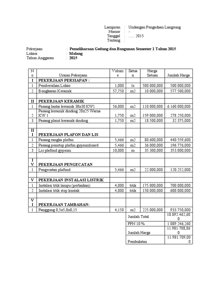 Contoh RAB Pemeliharaan Gedung | PDF