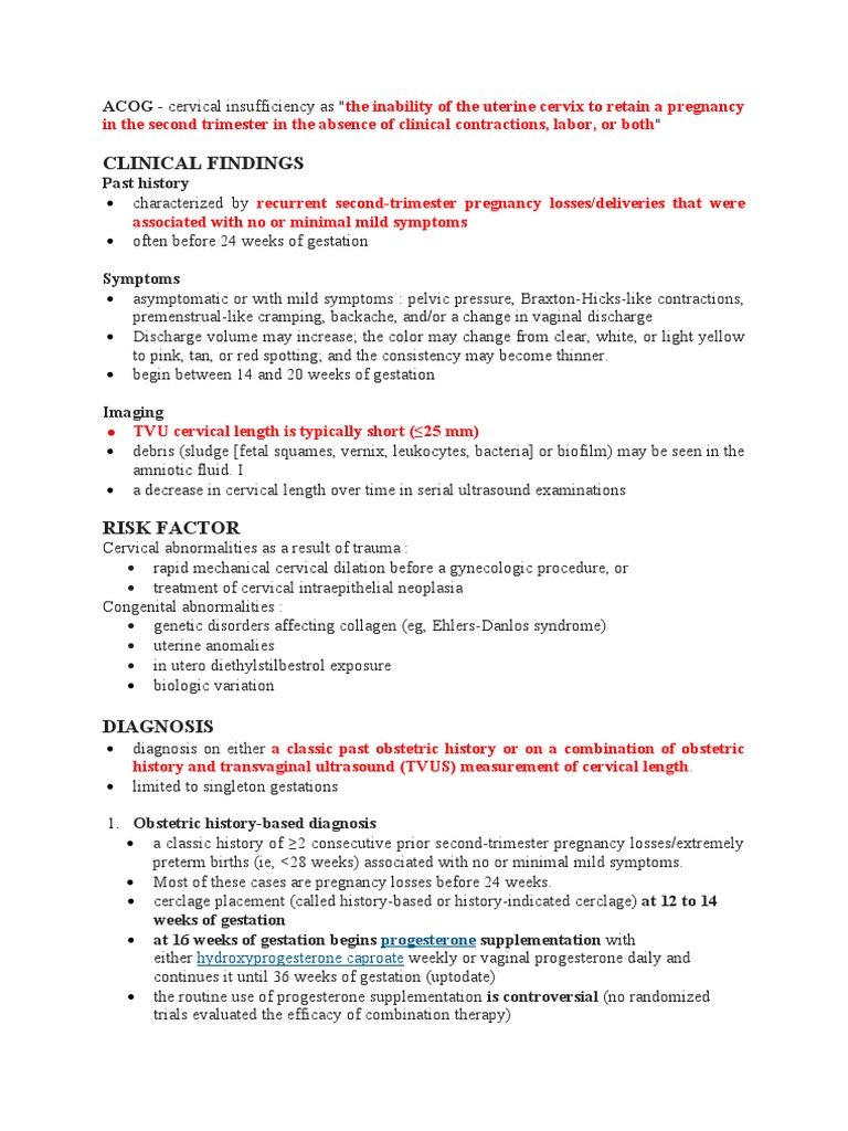 Clinical Findings: ACOG - Cervical Insufficiency As 