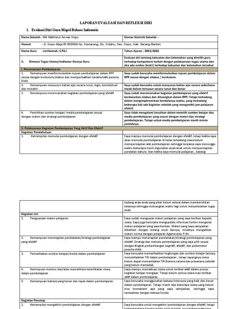 Laporan Evaluasi dan Refleksi Diri Guru | PDF