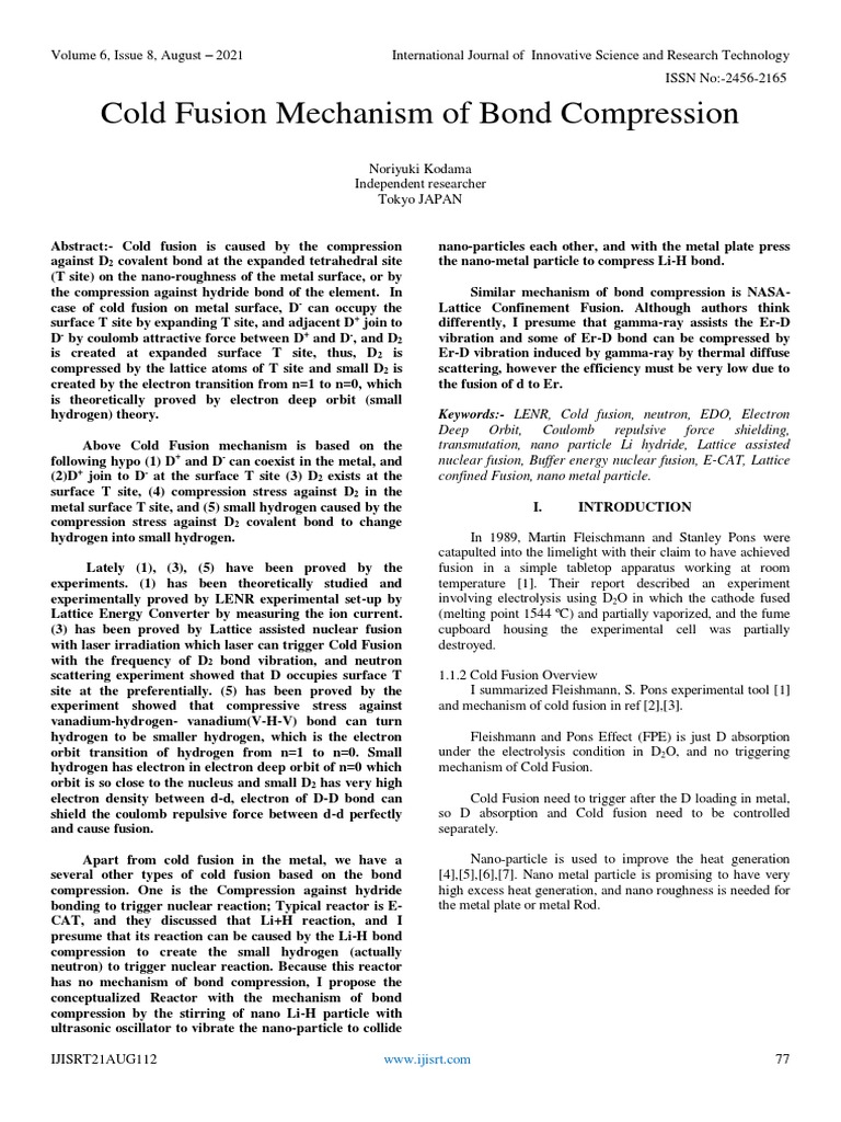 Cold Fusion Mechanism of Bond Compression PDF Nuclear Fusion