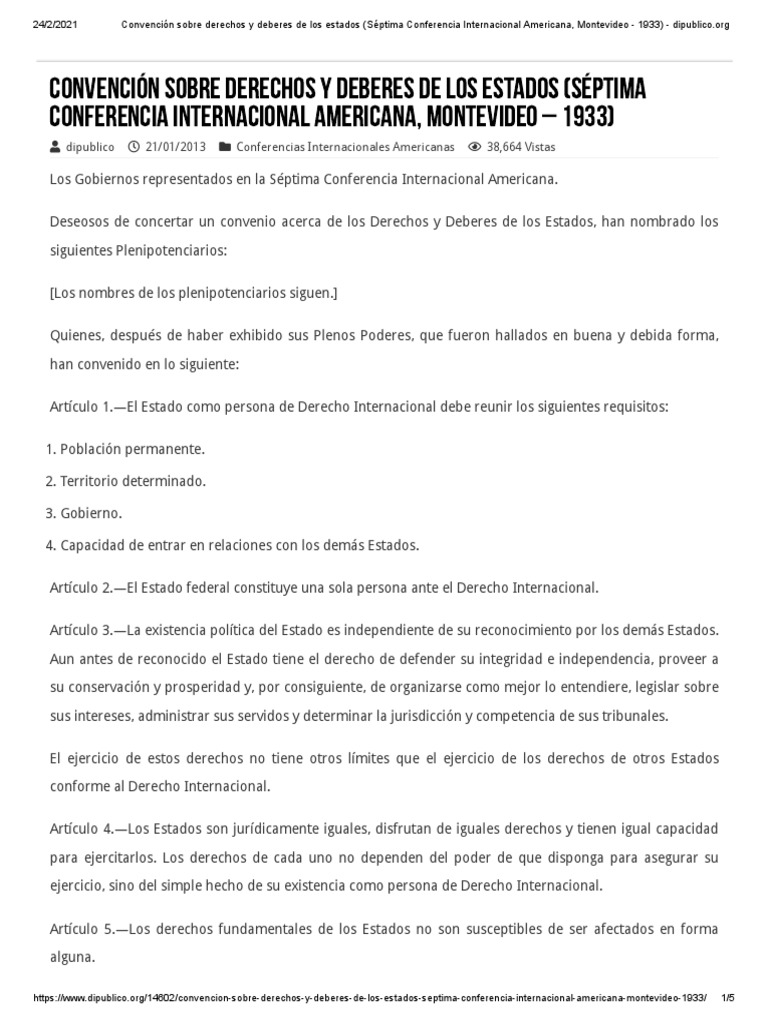 Convención Sobre Derechos y Deberes de Los Estados (Séptima Conferencia ...